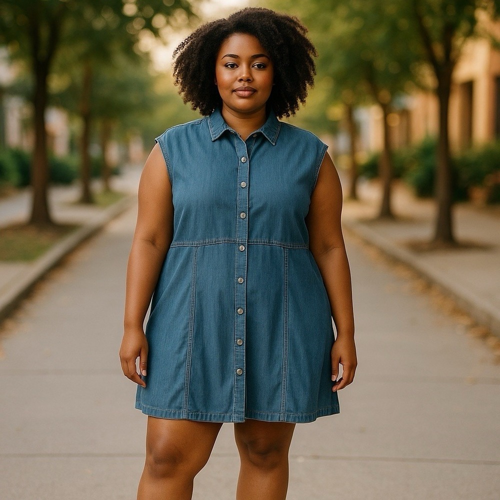 Women's Short Sleeve Blue Denim Shirtdress Universal‎ Thread Sleeveless Size XXL